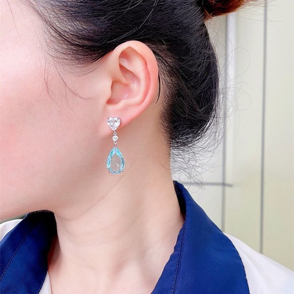 "Sea Blue Color Crystal Party Jewelry Waterdrop CZ Earring for Women, HA4530 - Picture 3 of 4